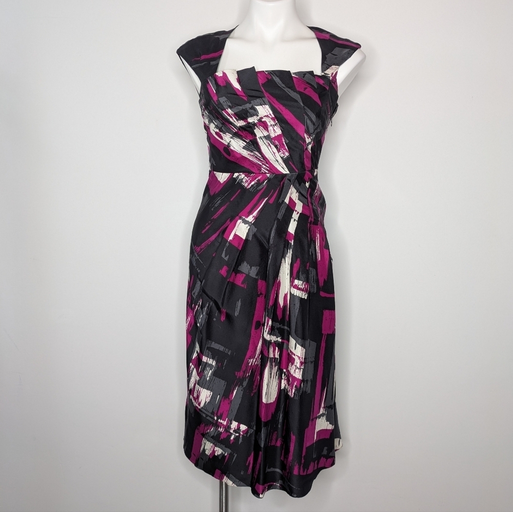 LK Bennett Black White Purple Square Fan Neck Short Sleeve Dress 2